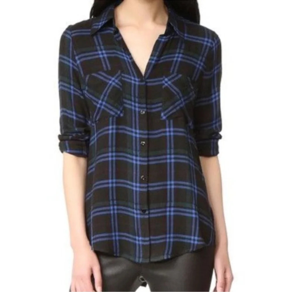 L'AGENCE Black and Blue Plaid Button-Down Shirt